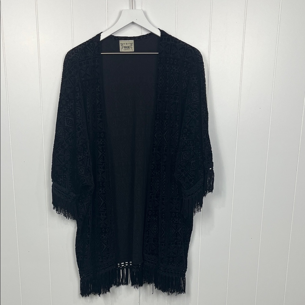 Vocal Womens Open Front Cardi XL Black Fringe Hemline Velvet Embroidery Pattern